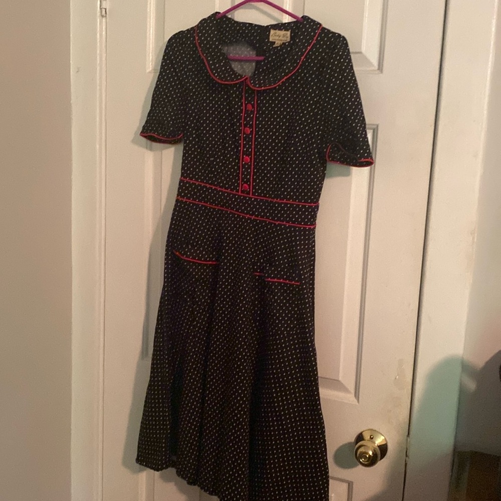 RETRO PIN UP POLKA DOT black white red trim  MIDI LENGTH dress